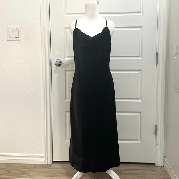 BEBE BLACK SATIN COWL NECK MIDI DRESS MEDIUM - Picture 2 of 5